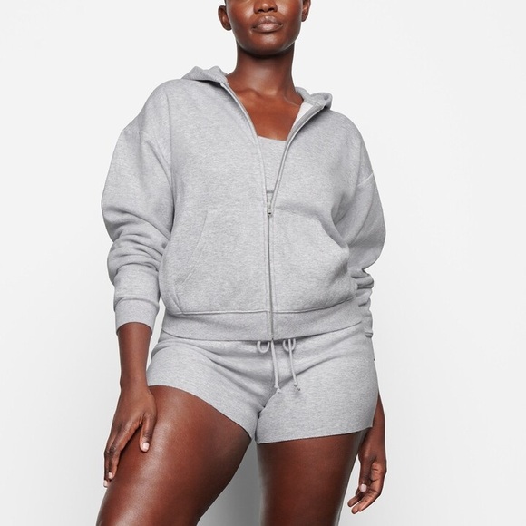 Skims Cotton Fleece Zip Up Hoodie in Heather Grey - Picture 2 of 8